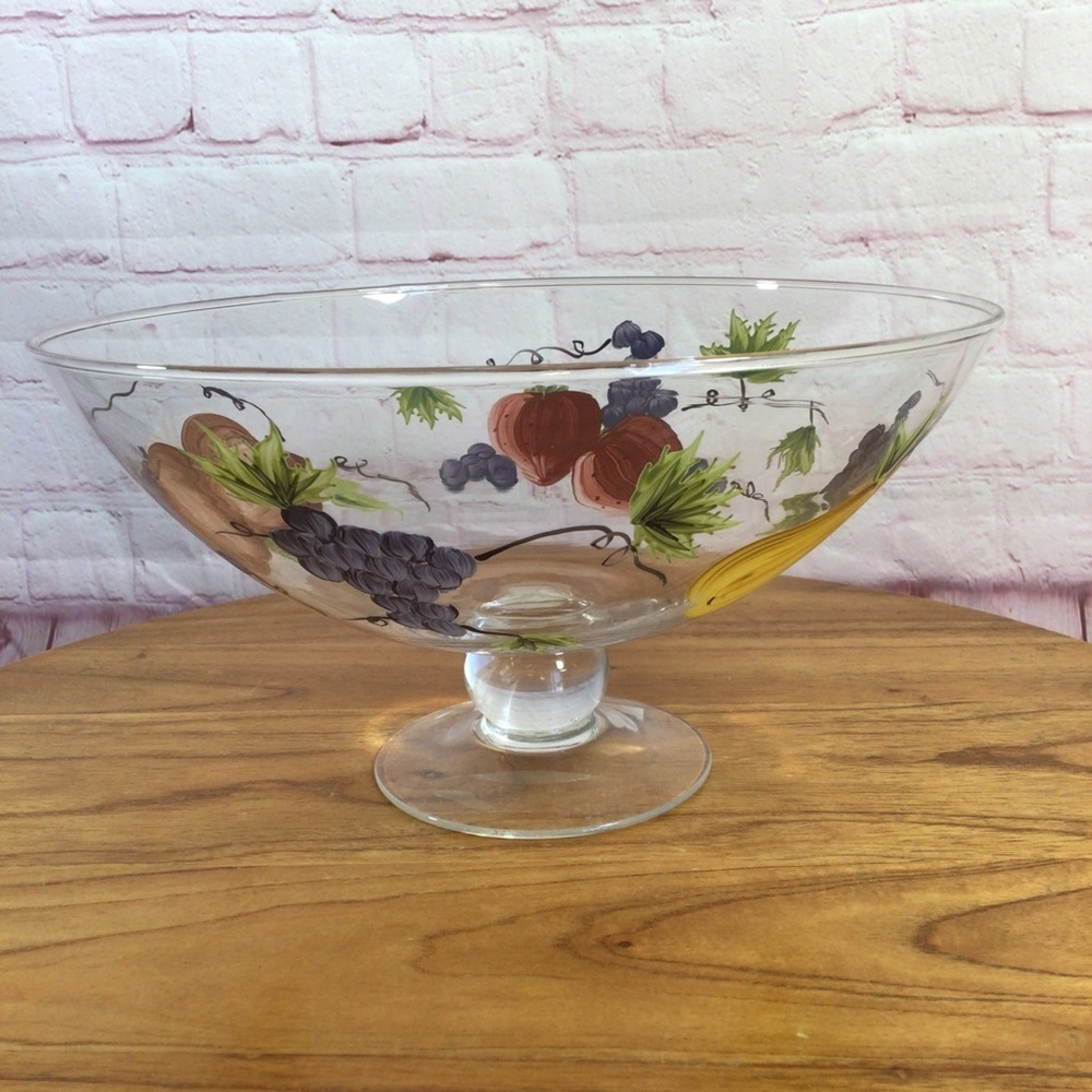 Victradco Hand Painted Fruit Pedestal Glass Bowl - 2001